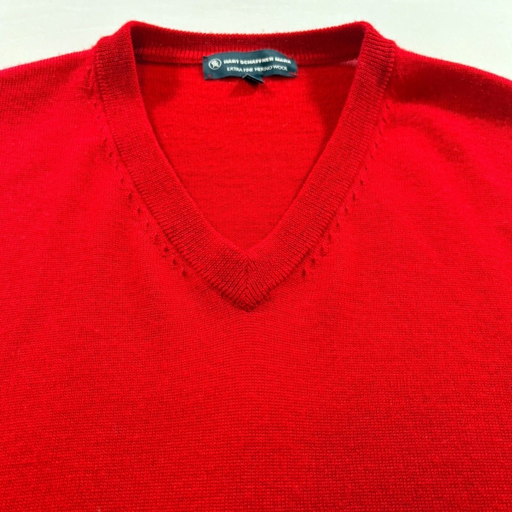 Hart Schaffner Marx V-Neck Sweater Men Large Red Extra Fine Merino Wool Pullover